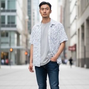 BUGATCHI Men's Short Sleeve Button Up Shirt Palm Tree Print‎ 8 Way Stretch XL